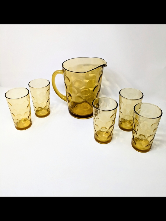 Other - Vintage Hazel Atlas Amber Mid Century Pitcher and 5-Glass Set Retro Dot Pattern